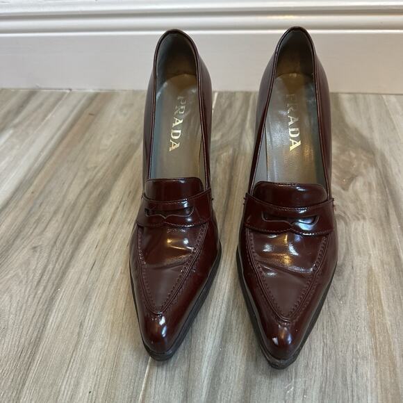 VTG Prada Block Heel Burgundy Red Loafers 8.5/38.5 Heels Pumps Twee Retro Goth - Picture 8 of 14